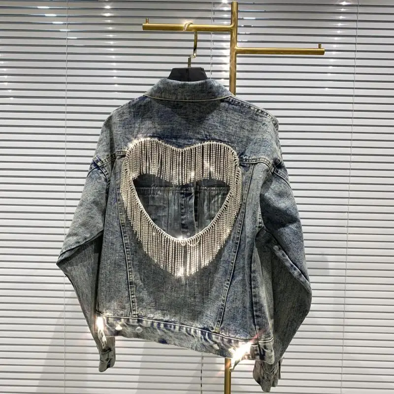 Net Red Women Washed Denim Jacket 2021 New Fashion Autumn Outwear Back Hole Rhinestone Chain Tassel Loose Long Sleeve Jean Coat
Net Red Women Washed Denim Jacket 2021 New Fashion Autumn Outwear Back Hole Rhinestone Chain Tassel Loose Long Sleeve Jean Coat