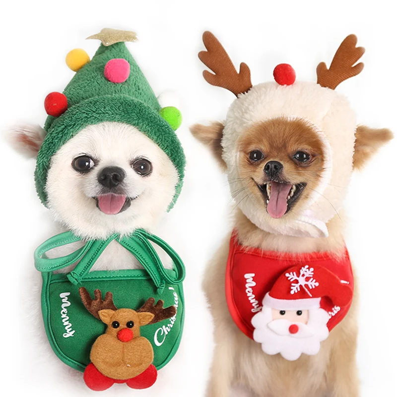 

Pet Christmas Hat Cute Antlers Saliva Towel Multicolored Balls Hat Dog Clothes Teddy Puppy Bib Dog Christmas Dress Up Supplies