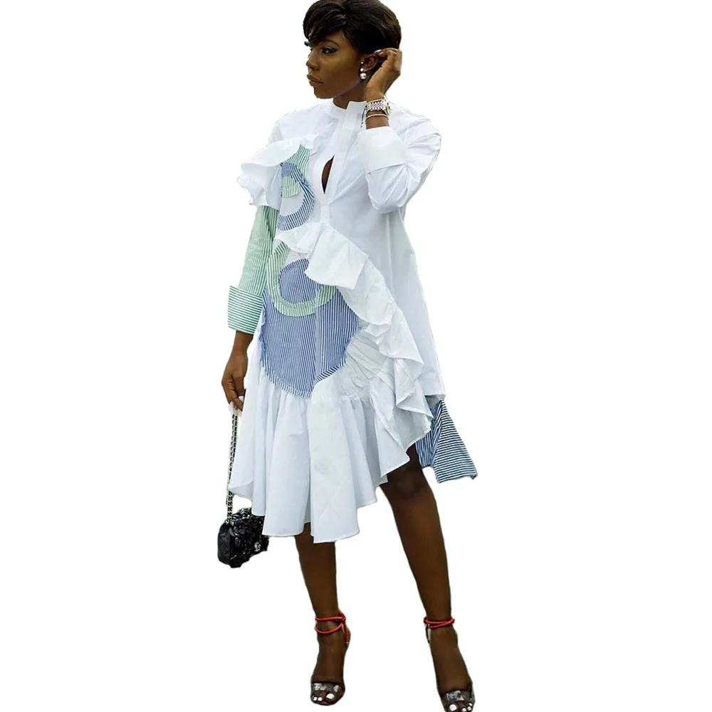 Striped Ruffle Patchwork White Shirt Dress Women Spring Long Sleeve Buttons Knee-length Midi Dress Irregular Loose Casual Dress
Striped Ruffle Patchwork White Shirt Dress Women Spring Long Sleeve Buttons Knee-length Midi Dress Irregular Loose Casual Dress