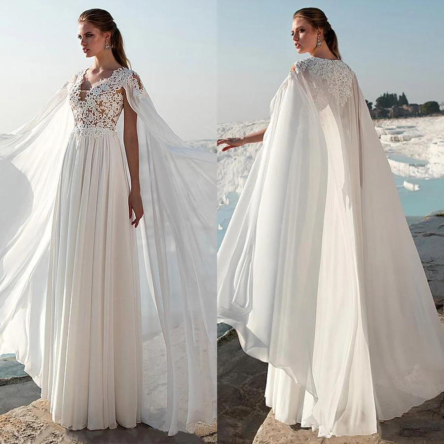 Fashionable Chiffon V-neck Neckline A-line Wedding Dress With Lace Appliques Cloak Beach Bridal Dress vestido de noiva simples
Fashionable Chiffon V-neck Neckline A-line Wedding Dress With Lace Appliques Cloak Beach Bridal Dress vestido de noiva simples