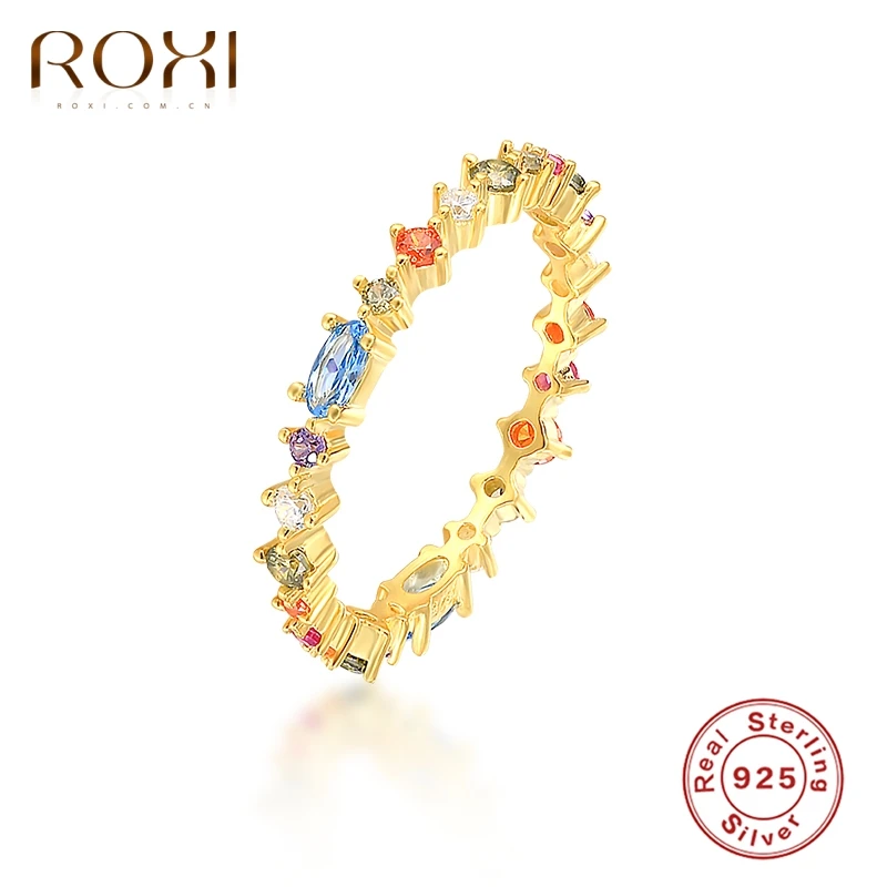 

ROXI Rainbow Irregular Geometry Crystals Gold Rings for Women Wedding Ring 925 Sterling Silver Finger Ring Anillos Jewelry Bague