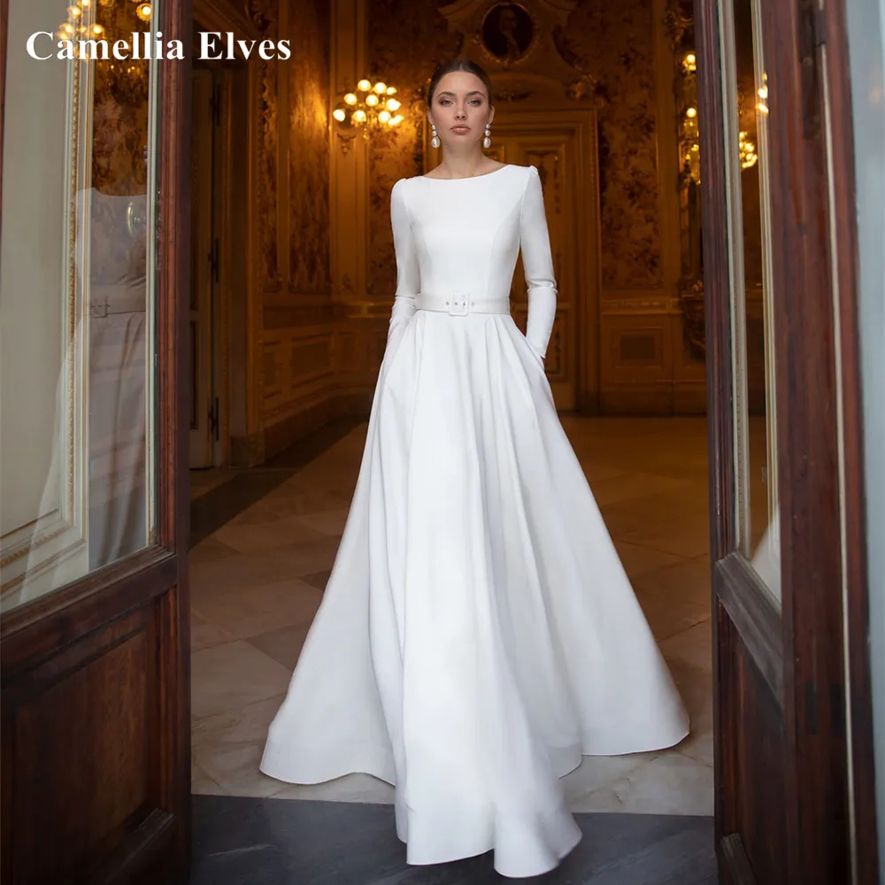Elegant Beadings Illusion Back Wedding Dress Long Sleeves Satin A Line Bride Gown With Belt Scoop Neck Robe De Mariée
Elegant Beadings Illusion Back Wedding Dress Long Sleeves Satin A Line Bride Gown With Belt Scoop Neck Robe De Mariée