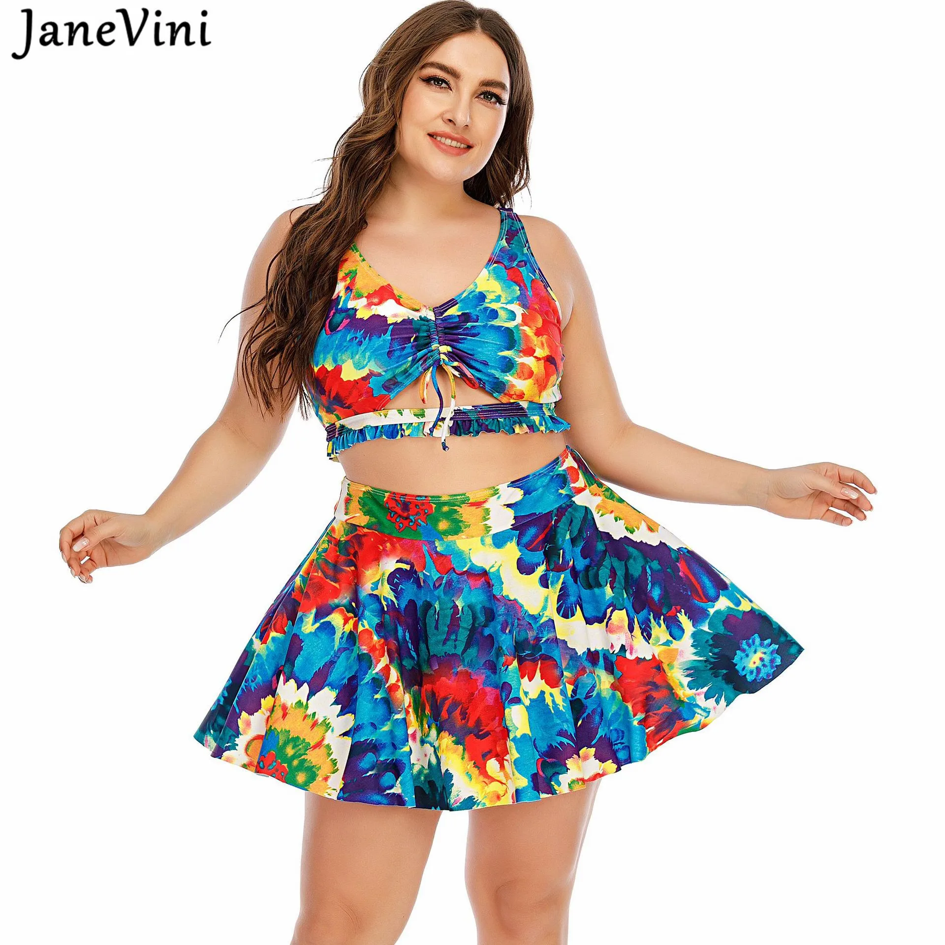 JaneVini Summer Beach Colorful Print Plus Size Women Bathing Suit with Skirt Swimwear Two Piece Swimsuit High Waist Bikini Set
JaneVini Summer Beach Colorful Print Plus Size Women Bathing Suit with Skirt Swimwear Two Piece Swimsuit High Waist Bikini Set
