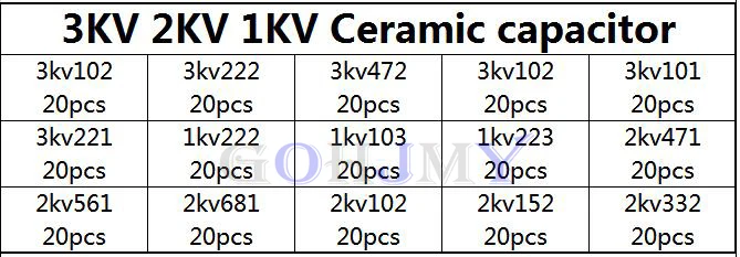 15Values*20Pcs Capacitor Set High Voltage Ceramic Capacitors Assortment Assorted Kit Box 1nF 2.2nF 10nF 22nF 0.47nF 0.56nF-10nF 
15Values*20Pcs Capacitor Set High Voltage Ceramic Capacitors Assortment Assorted Kit Box 1nF 2.2nF 10nF 22nF 0.47nF 0.56nF-10nF