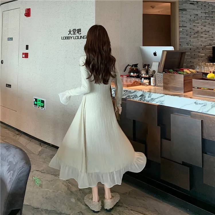 Casual V-Neck Loose Women Sweater Dress Elegant Autumn Winter Ruffles Patchwork Long Knitted Vestidos Female
Casual V-Neck Loose Women Sweater Dress Elegant Autumn Winter Ruffles Patchwork Long Knitted Vestidos Female