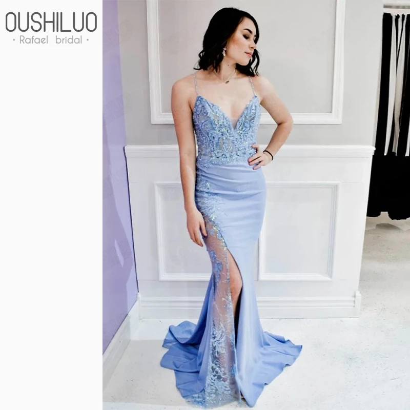 Light Blue Sheer Lace Prom Dresses Long 2020 Spagehtti Strap Appliques Mermaid Lace Dresses With High Slit Backless Party Gown
Light Blue Sheer Lace Prom Dresses Long 2020 Spagehtti Strap Appliques Mermaid Lace Dresses With High Slit Backless Party Gown
