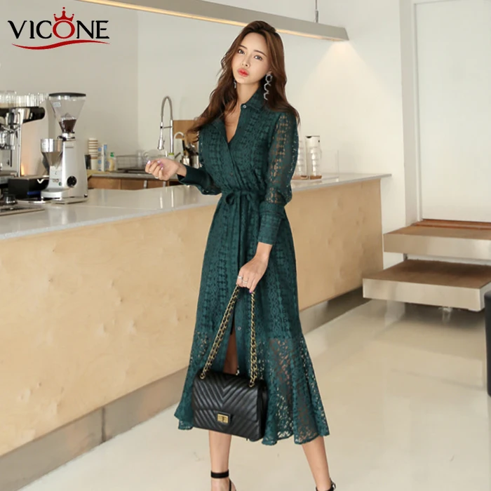 VICONE Women Autumn Long Sleeve Lace Dress Beach Vintage Maxi Patchwork Dresses Boho Casual Belt Robe Femme | Женская одежда