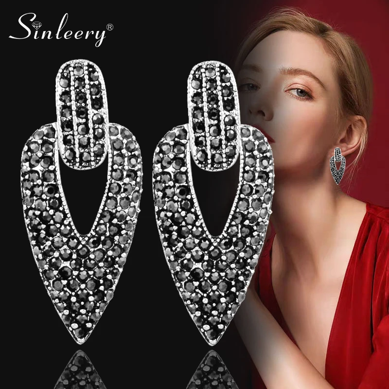 

SINLEERY Vintage Big Full Black Cubic Zirconia Hollow Triangle Drop Earrings Antique Silver Color Female Jewelry ES119 SSB