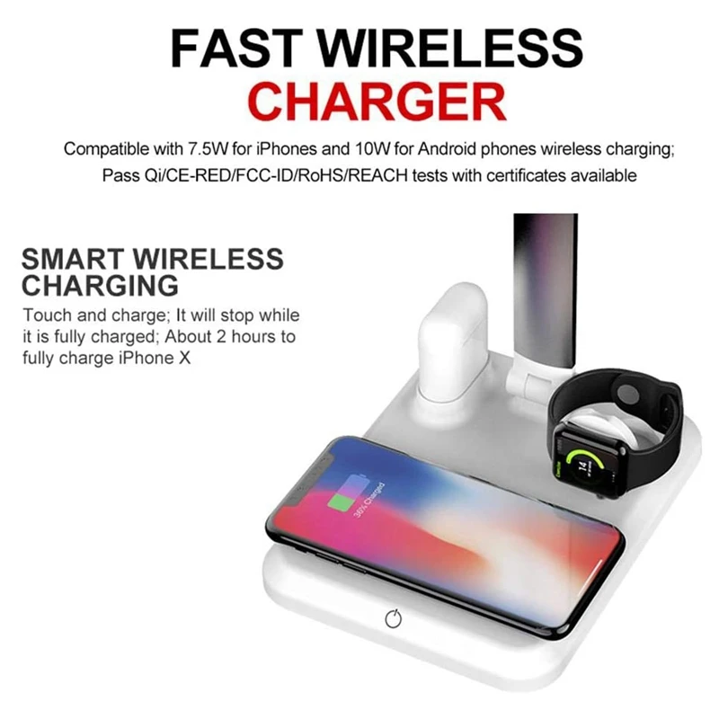 4-In-1 Multi-Function Desk Lamp with Wireless Charger for iPhone,IWatch, and All Mobile Phones That Support Qi Wireless, 
4-In-1 Multi-Function Desk Lamp with Wireless Charger for iPhone,IWatch, and All Mobile Phones That Support Qi Wireless,