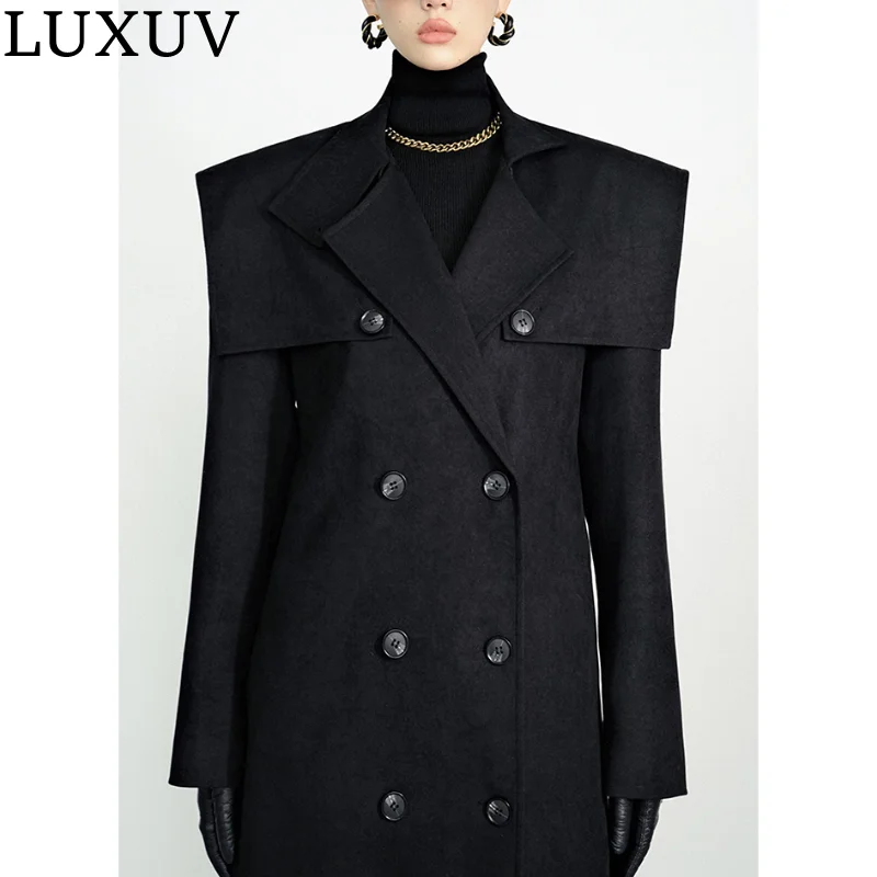 

LUXUV Women's Tweed Official Bold Jacket Wool Blends Mixtures Trench Coats Overcoat TopCoat Quality Office Outerwear Poncho