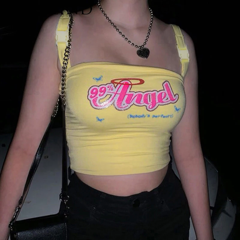 AOSSILIND Buckle Band Letter Print Camisole Summer Yellow Sleeveless Crop Tops Casual Club Wear Sexy Streetwear Women Camis 
AOSSILIND Buckle Band Letter Print Camisole Summer Yellow Sleeveless Crop Tops Casual Club Wear Sexy Streetwear Women Camis