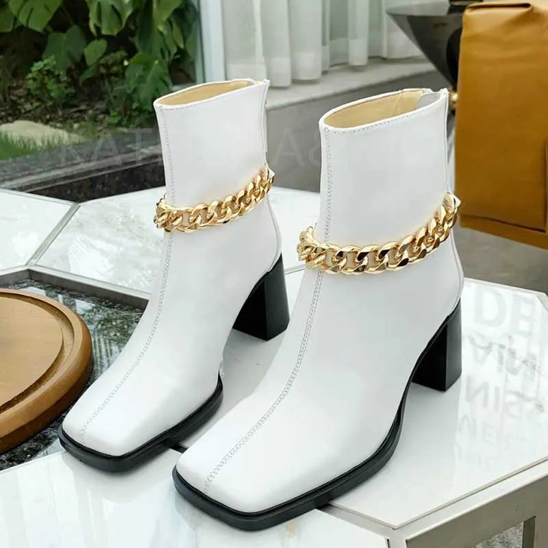 Famous Brand New Genuine Leather Chunky Heels Ankle Boots Woman Fashion Square Toe Metal Chain Matching Design Autumn Short Boot
Famous Brand New Genuine Leather Chunky Heels Ankle Boots Woman Fashion Square Toe Metal Chain Matching Design Autumn Short Boot
