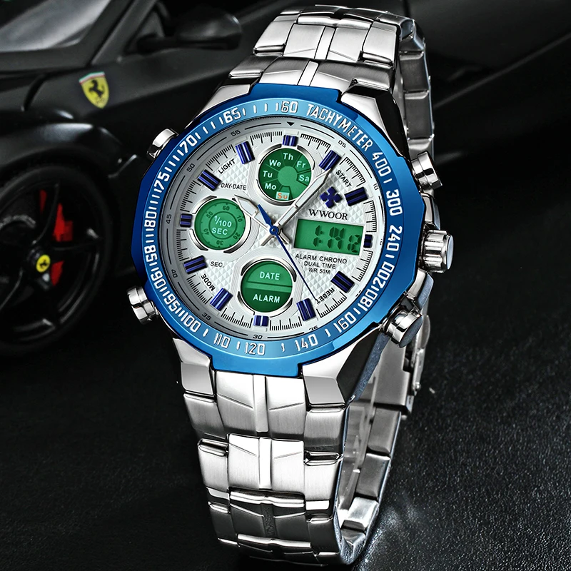 WWOOR спортивные брендовые Роскошные мужские часы полностью стальные