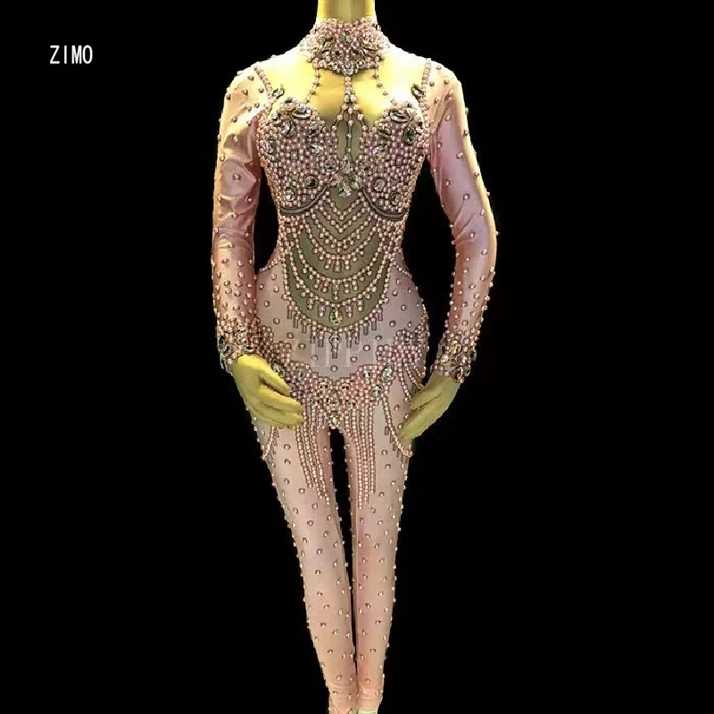 Sparkling Crystal Pearl Sexy Jumpsuit Women Pink Fashion Bodysuit Dance Costume Stage Performance Female Singer Stretch Costume
Sparkling Crystal Pearl Sexy Jumpsuit Women Pink Fashion Bodysuit Dance Costume Stage Performance Female Singer Stretch Costume