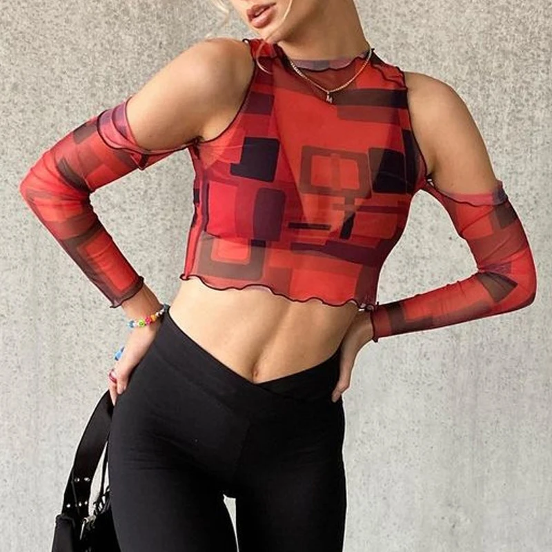 2021 New Red Mesh Long Sleeve Y2k Women Crop Top Summer Spring Sexy O-neck Off Shoulder See Through T Shirts 90S Club Streetwear
2021 New Red Mesh Long Sleeve Y2k Women Crop Top Summer Spring Sexy O-neck Off Shoulder See Through T Shirts 90S Club Streetwear