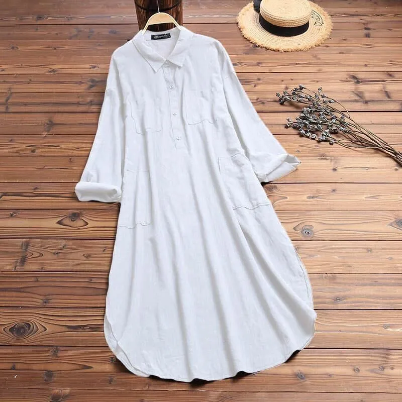 Women Long Sleeve Casual Dress Solid Split Autumn Ladies Turn-down Collar Loose Pocket Decor Sunscreen Cotton Linen White Dress
Women Long Sleeve Casual Dress Solid Split Autumn Ladies Turn-down Collar Loose Pocket Decor Sunscreen Cotton Linen White Dress