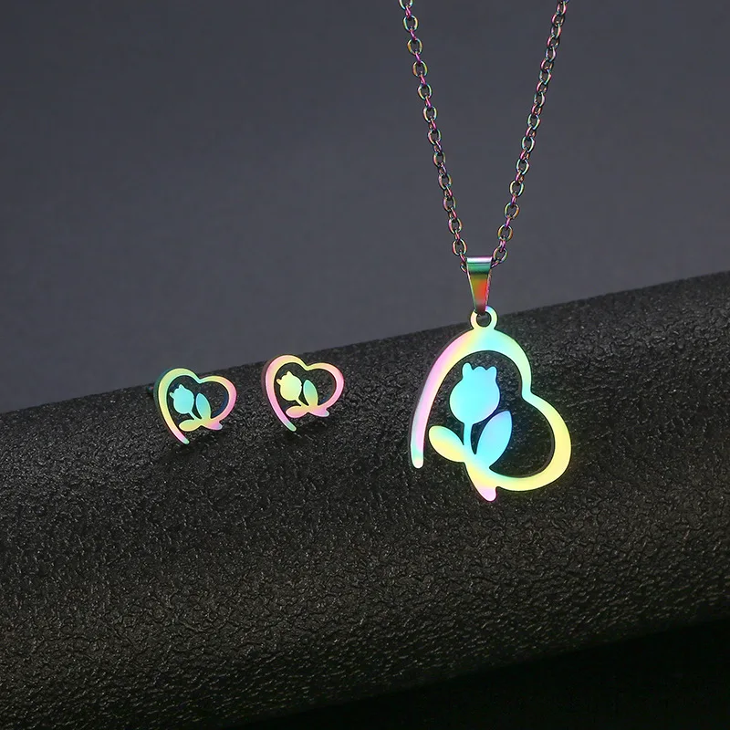 French Heart-shaped Rose Flower Necklace Clavicle Chain Earrings Set Titanium Steel Colorful Small FreshFlower Love Necklace 
French Heart-shaped Rose Flower Necklace Clavicle Chain Earrings Set Titanium Steel Colorful Small FreshFlower Love Necklace
