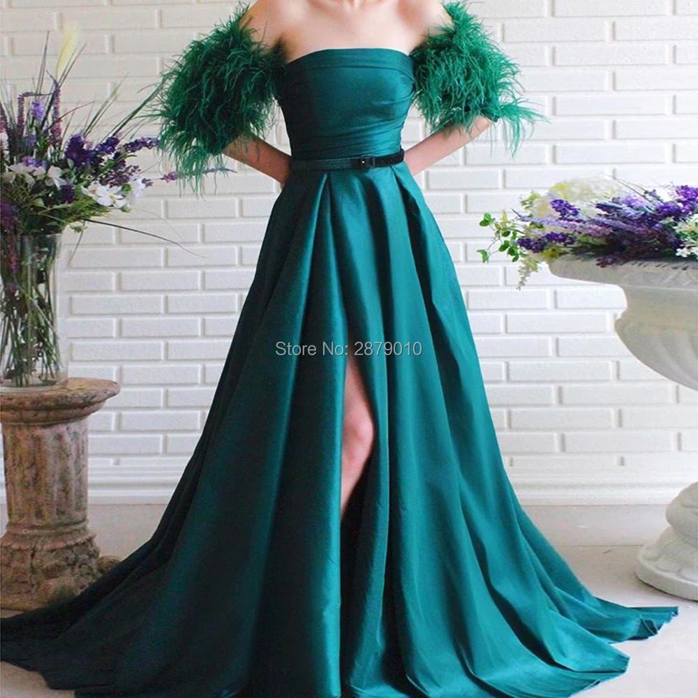 

Glamorous Boat Neck A-Line Evening Dress Floor-Length Slit Feathers Prom Dress Vestido de festa Robe De Soiree Aibye 2020 Dubai