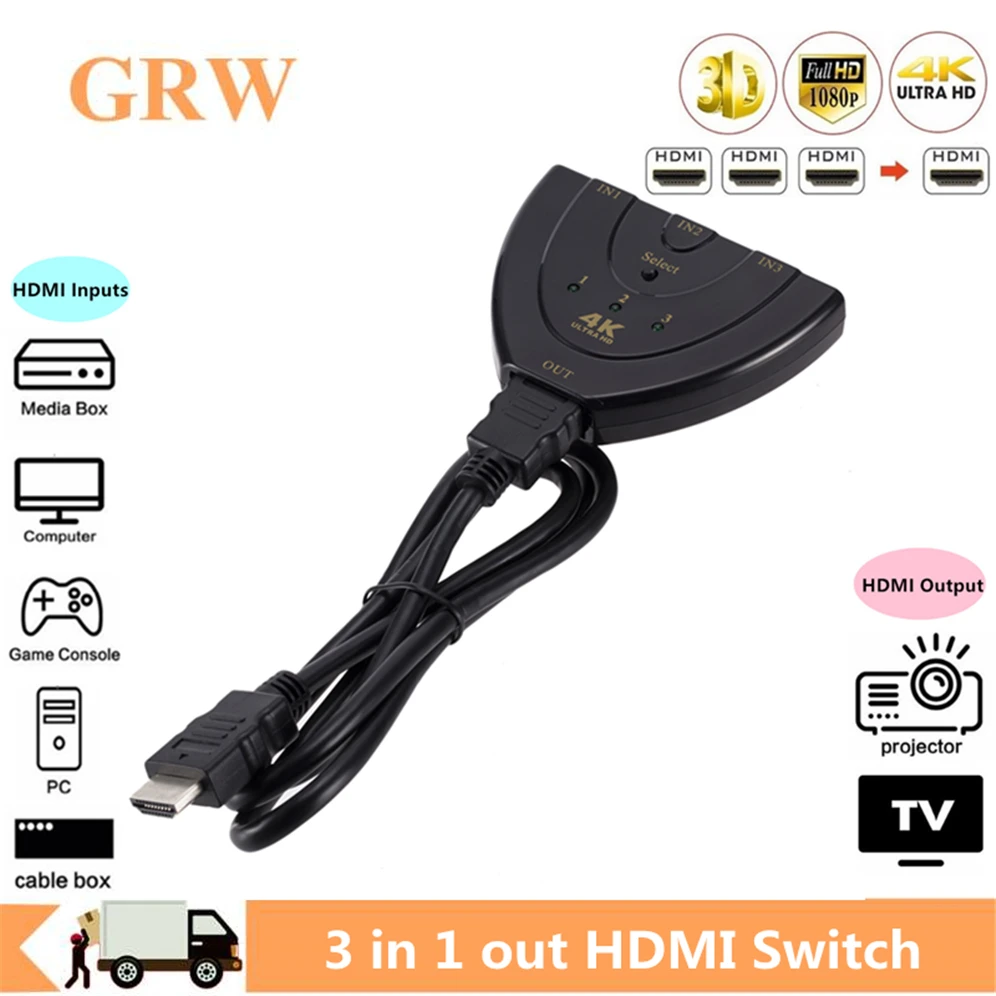 Переключатель GRWIBEOU 4K HDMI * 2K 3D Mini 3 порта переключатель сплиттер в 1 порт