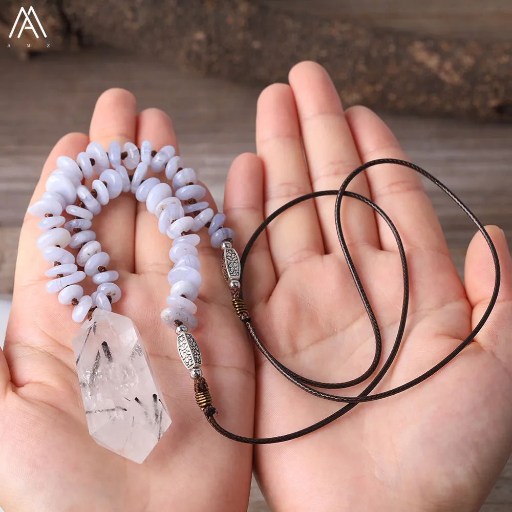 Natural Black Rutilated Quartz Double Point Pendant Purple Chalcedony Chip Beads Leather Knotted Handmade Necklace Women Jewelry 
Natural Black Rutilated Quartz Double Point Pendant Purple Chalcedony Chip Beads Leather Knotted Handmade Necklace Women Jewelry