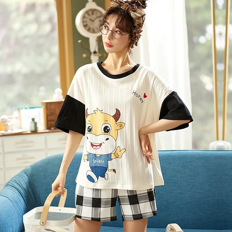 Women's pajamas Summer Cotton Short Sleeve thin Korean cartoon lovely Summer pyjamas women can wear home suit pyjama Factory
Women's pajamas Summer Cotton Short Sleeve thin Korean cartoon lovely Summer pyjamas women can wear home suit pyjama Factory