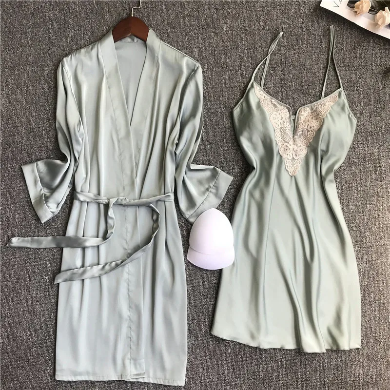 

Twinset Robe Set Female Sexy Loose Kimono Gown Wedding Satin Loose Bathrobe&Nightgown Suit Lace Trim Home Dressing Sleepwear