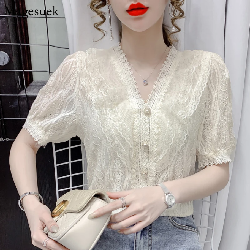 

Summer Short Sleeve Chiffon Women's Shirt Summer New V Neck Lace Crochet Elegant Woman Blouses Single-breasted Ladies Tops 14190