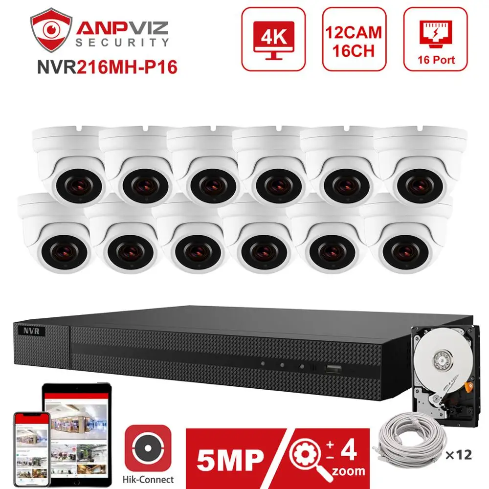 Hikvision OEM 16CH 4K NVR Anpviz 12pcs 5MP 4X POE IP Camera Security System Indoor/Outdoor IP Camera POE IP66 Hik-Connect 30m
Hikvision OEM 16CH 4K NVR Anpviz 12pcs 5MP 4X POE IP Camera Security System Indoor/Outdoor IP Camera POE IP66 Hik-Connect 30m