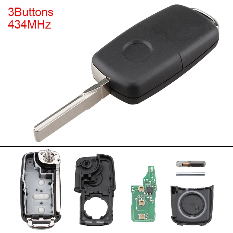 

434MHz 3 Buttons Keyless Uncut Flip Remote Car Key Fob 5K0837202AD Suitable for VolksWagen Beetle / Caddy / Touran / Tiguan