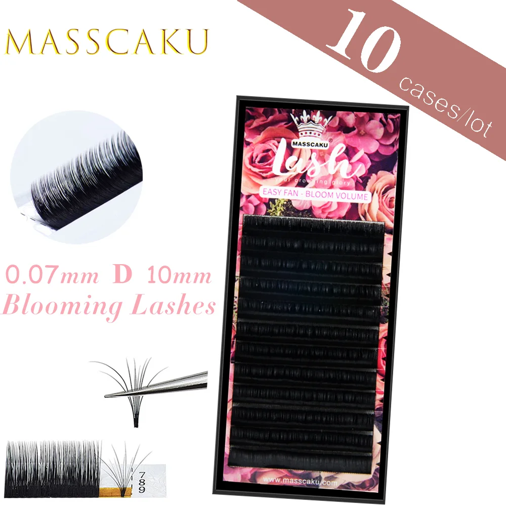 

MASSCAKU 10Cases/Lot 0.05 0.07 0.10mm Auto fans Eyelash Extension Easy Fan Bloom Fake Faux Mink Blossom Russian Volume Lash Fans