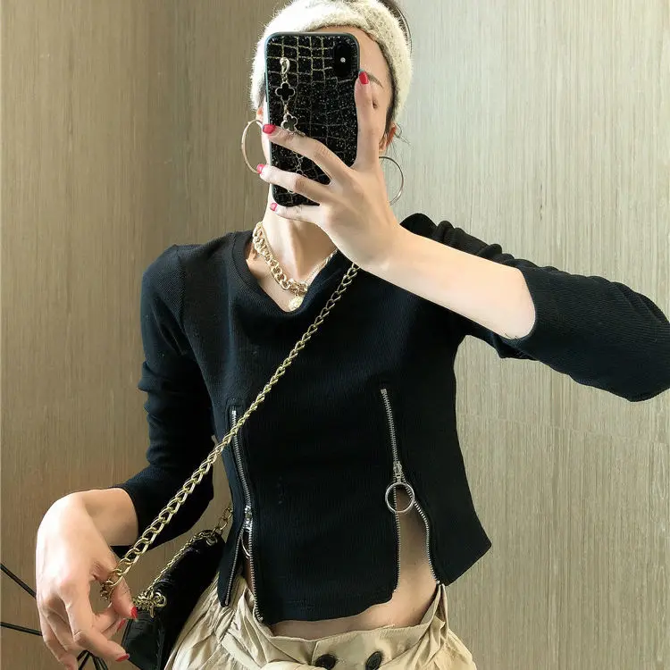 Zipper long sleeve T-shirt women's short high waist top spring 2021 new slim bottomed shirt
Zipper long sleeve T-shirt women's short high waist top spring 2021 new slim bottomed shirt