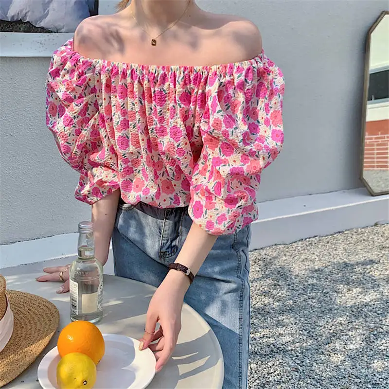 

Hzirip New Summer Slash Neck 2021 Folds Shirt Puff Sleeve Floral Sweet Girl Chiffon Blouses Loose Fashion Gentle Women Top