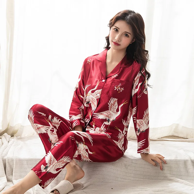 

Fashion Women Sleep Set Crane Printing Pajamas Suit Nightwear Silky Bridal Wedding Gift Kimono Bathrobe Gown Casual Homewear