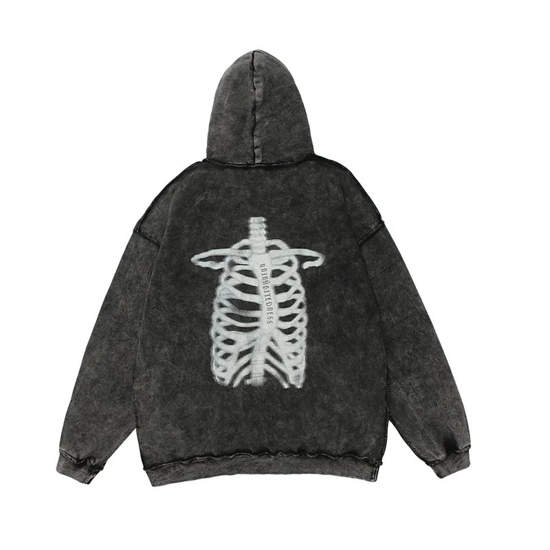 

Embroidery Skull Print Washed Retro Mens Sweatshirt Stranger Things Oversize Vibe Style Casual Hooded Hoodie Loose Hip Hop Hoody