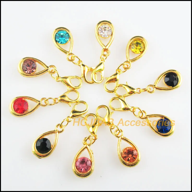 

10 New Teardrop 9.5x17.5mm Charms Mixed Round Crystal Gold Color Retro With Lobster Claw Clasps