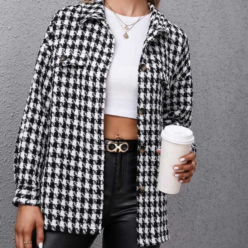 Women's Clothing 2021 Causal Houndstooth Shirt Jacket Loose Button Long Sleeve Coat Spring Autumn Elegant Black Suits Woman Tops
Women's Clothing 2021 Causal Houndstooth Shirt Jacket Loose Button Long Sleeve Coat Spring Autumn Elegant Black Suits Woman Tops