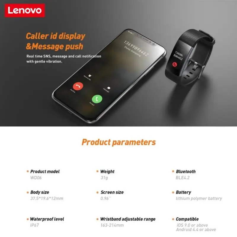 Lenovo WD06 Smart Bracelet Waterproof Heart Rate Monitor Pulse Meter Sport Watches Fitness Tracker Call Reminder For Android IOS
Lenovo WD06 Smart Bracelet Waterproof Heart Rate Monitor Pulse Meter Sport Watches Fitness Tracker Call Reminder For Android IOS