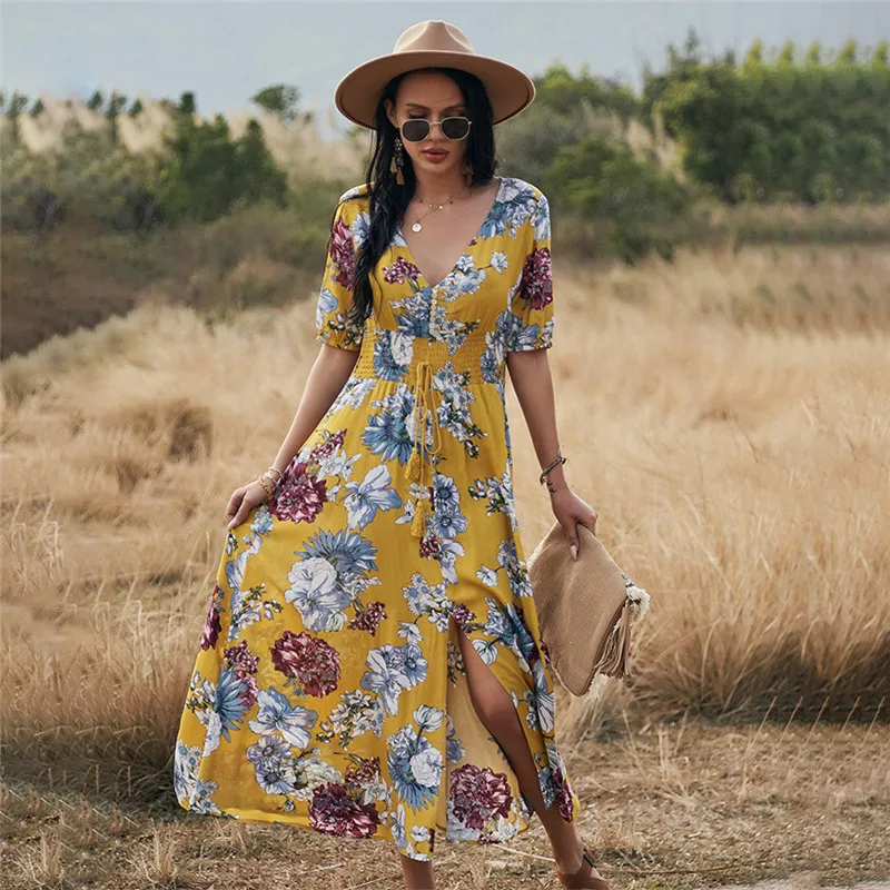 Summer Fashion New Women Dresses Sexy V-Neck Elegant Floral Female A-Line Dress Casual Slim Split Lady Short Sleeve Dress
Summer Fashion New Women Dresses Sexy V-Neck Elegant Floral Female A-Line Dress Casual Slim Split Lady Short Sleeve Dress