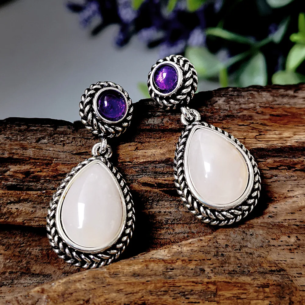 

Retro Natural Pink Spar Drop Earrings Amethysts Teardrop Dangle Earring Women Semiprecious Stones Jewelry Bijoux Dropshipping