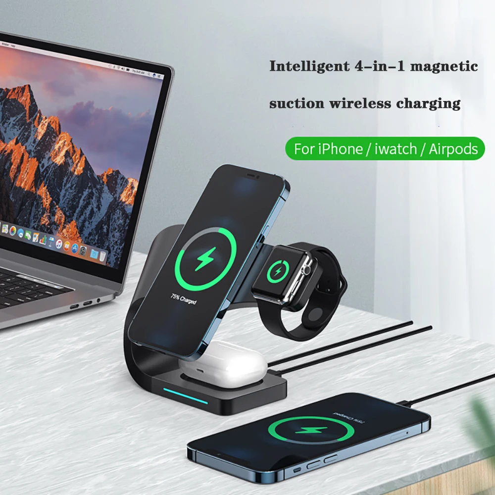 Магнитная Беспроводная зарядная подставка 4 в 1 док-станция Magsafe для Iphone 13 12 Pro Apple