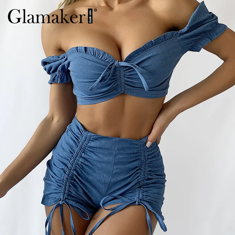 Glamaker Blue denim ruffles women suits Summer cropped top and shorts Sexy lace up crease bare shoulder casual sets 2021 new
Glamaker Blue denim ruffles women suits Summer cropped top and shorts Sexy lace up crease bare shoulder casual sets 2021 new