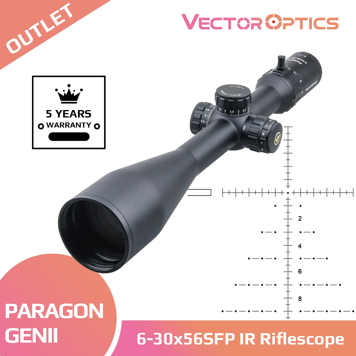 Vector Optics Paragon Gen2 6-30x56 Tactical 1/10 MIL Rifle Scope Long Eye Relief Riflescope Turret Lock 30mm with Mount
Vector Optics Paragon Gen2 6-30x56 Tactical 1/10 MIL Rifle Scope Long Eye Relief Riflescope Turret Lock 30mm with Mount