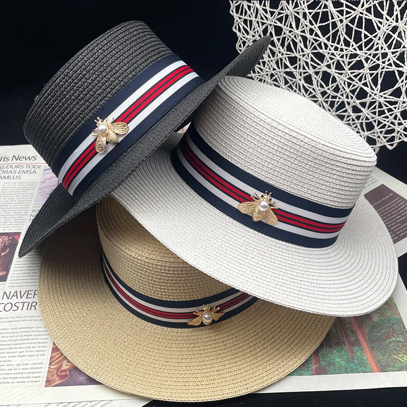 Панама женская однотонная в полоску, складная шапка с металлическим украшением, козырек, элегантная, летняя 
Панама женская однотонная в полоску, складная шапка с металлическим украшением, козырек, элегантная, летняя