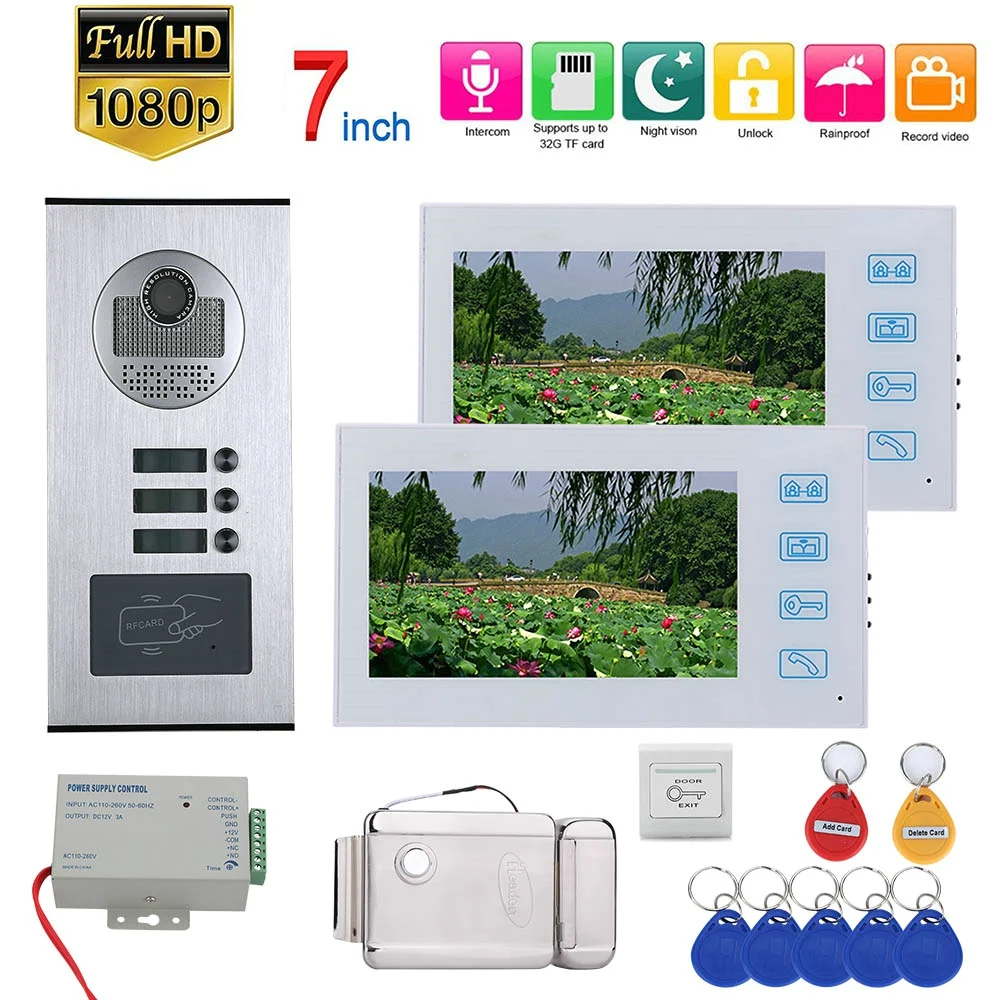 

7inch Color LCD Record Video Intercom 2 Apartments Video Door Phone System with RFID 1080P Doorbell Camera+Electric Door Lock