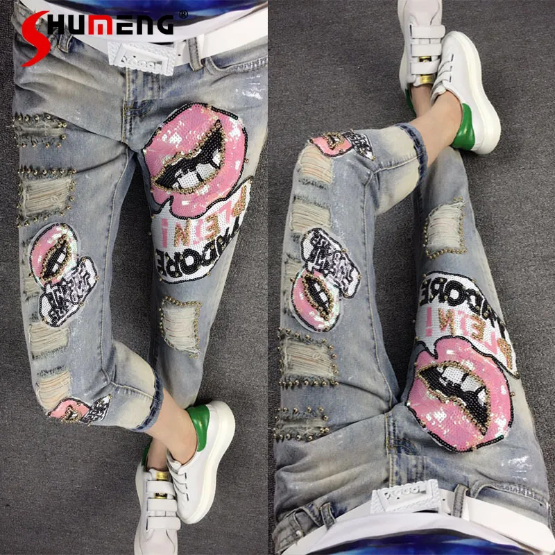 2021 Spring Summer European New Fashion Embroidery Sequins Beaded Ladies Denim Pants Ripped Lips Cropped Fashion Women Jeans
2021 Spring Summer European New Fashion Embroidery Sequins Beaded Ladies Denim Pants Ripped Lips Cropped Fashion Women Jeans