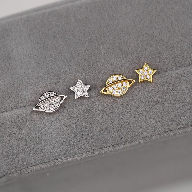 

New S925 Sterling Silver Simple Style Asymmetrical Style Planet Star Earrings Full of Diamonds Exquisite Saturn Earrings