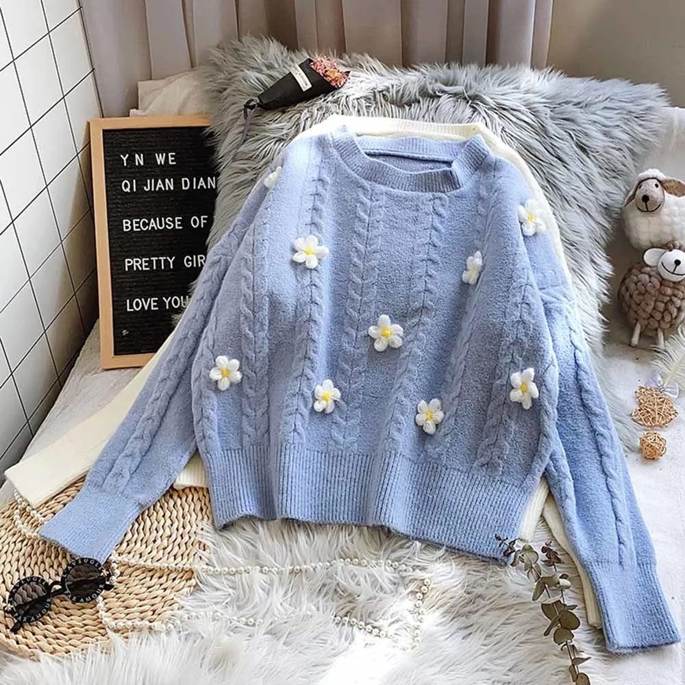 

Women Flower Pull Sweaters Oneck Long Sleeve Casaul Pullover Sweaters Japaniese Style Cute Outwear Knit Loose Floral Jumper