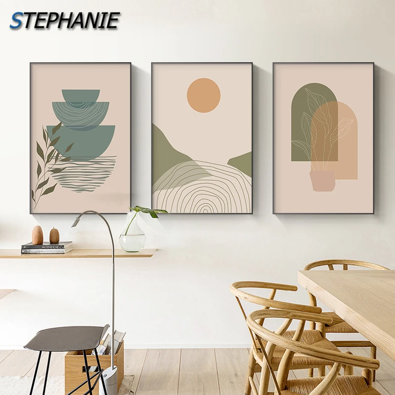 

Boho Abstract Landscape Posters Sun Canvas Painting Modern Line Art Prints for Living Room Gallery Mid Century Wall Picture