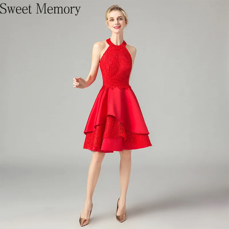 N0146 Red Satin Lace Tiered Halter Short Evening Dress Backless Graduation Vestido Prom Robes Sweet Memory
N0146 Red Satin Lace Tiered Halter Short Evening Dress Backless Graduation Vestido Prom Robes Sweet Memory