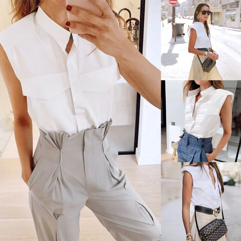 K3NF Women Summer Sleeveless White Shirts Blouse Office Lady Button Down Padded Shoulder Vest Fake Chest Pocket Basic Loose Tank
K3NF Women Summer Sleeveless White Shirts Blouse Office Lady Button Down Padded Shoulder Vest Fake Chest Pocket Basic Loose Tank